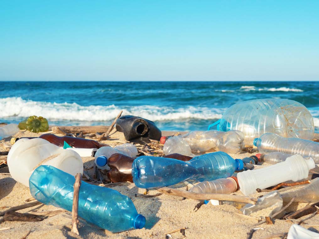 Bottles and trash on sandy shore